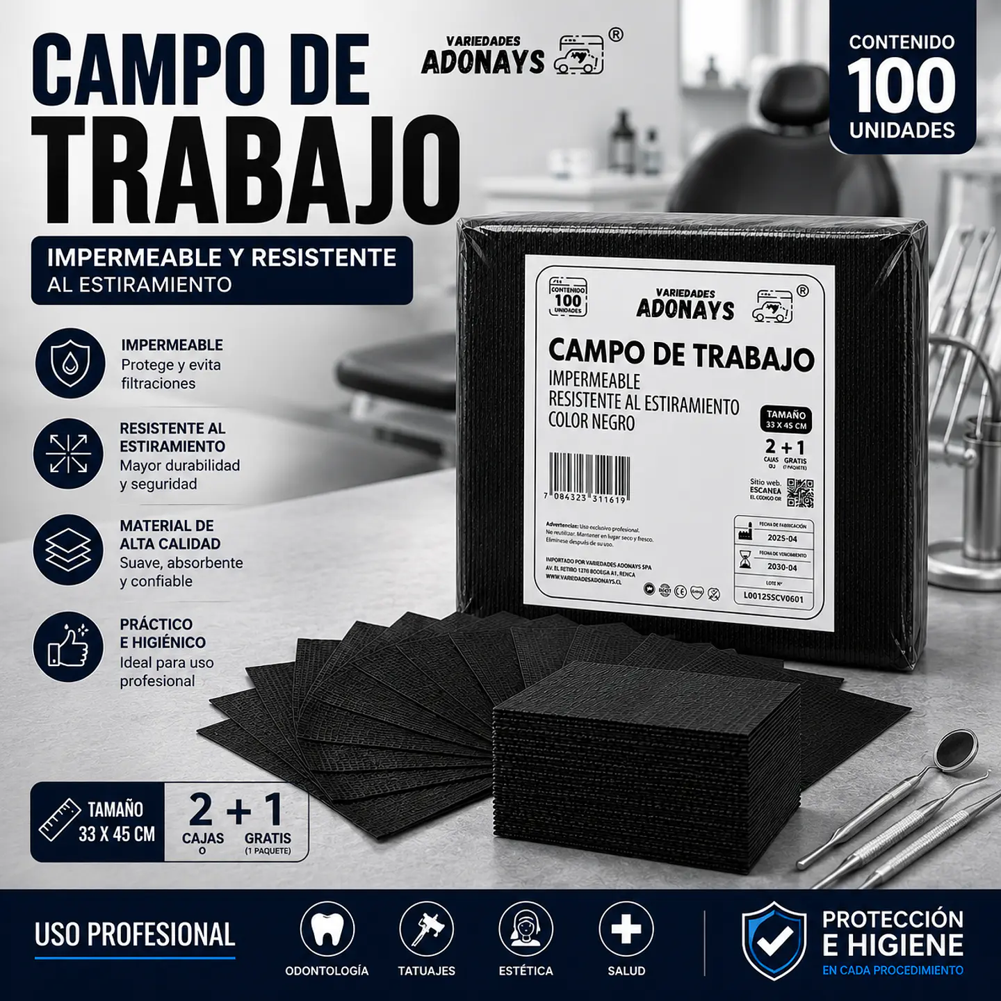 Campo Desechable Color Negro – Embalaje 500 Unidades (5 Paquetes x 100 Unidades) 1