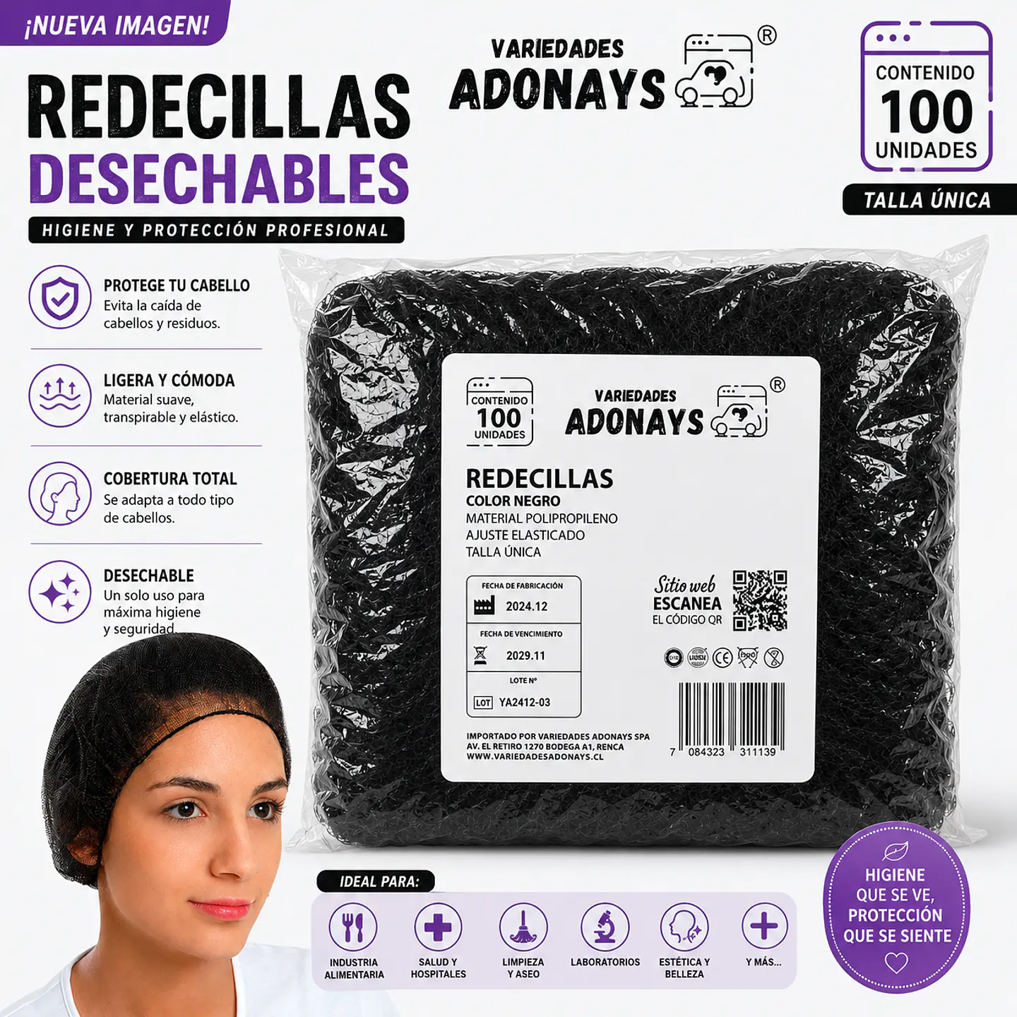 Redecilla Desechable Negra de Polipropileno – Embalaje Mayorista 1.000 Unidades (10 Paquetes x 100 Unidades) 1