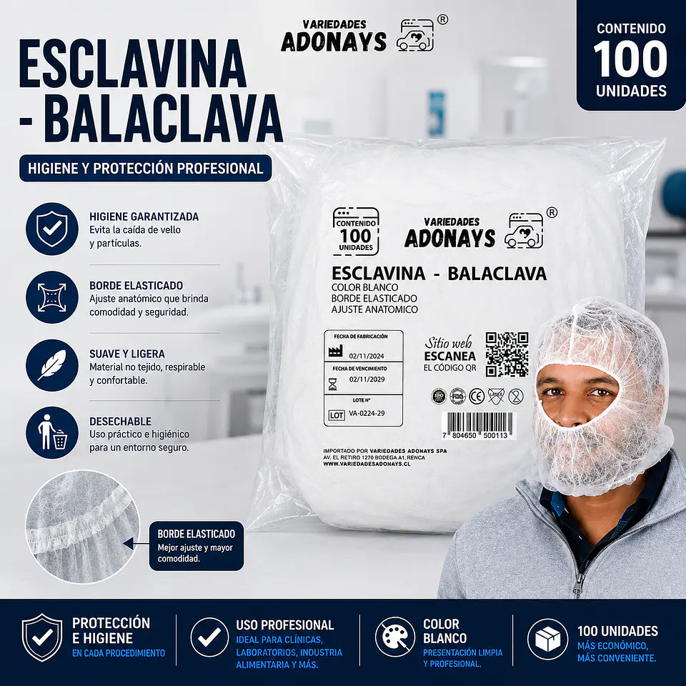 Esclavina Balaclava Desechable Color Blanca – Embalaje 1.000 Unidades (10 Paquetes x 100 Unidades) 1