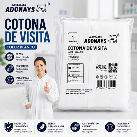 Cotona de Visita Desechable Color Blanco con Velcro – Embalaje 100 Unidades