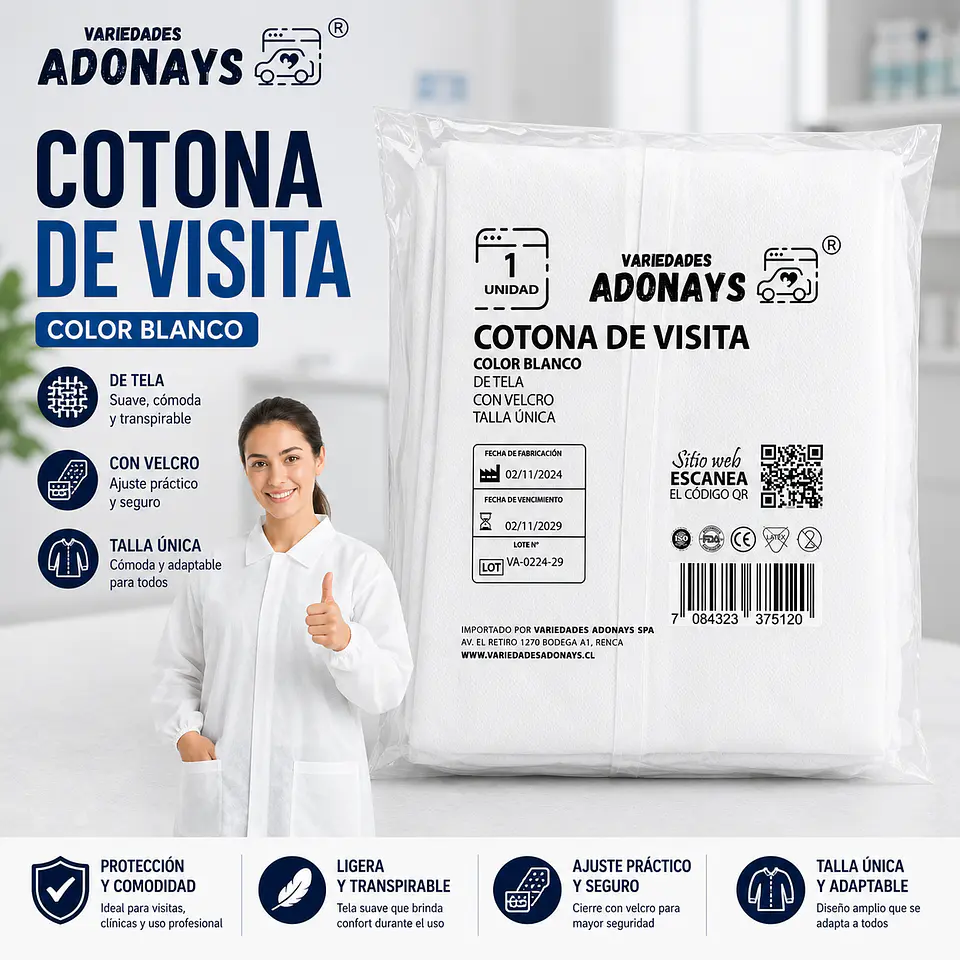 Cotona de Visita Desechable Color Blanco con Velcro – Embalaje 100 Unidades 1