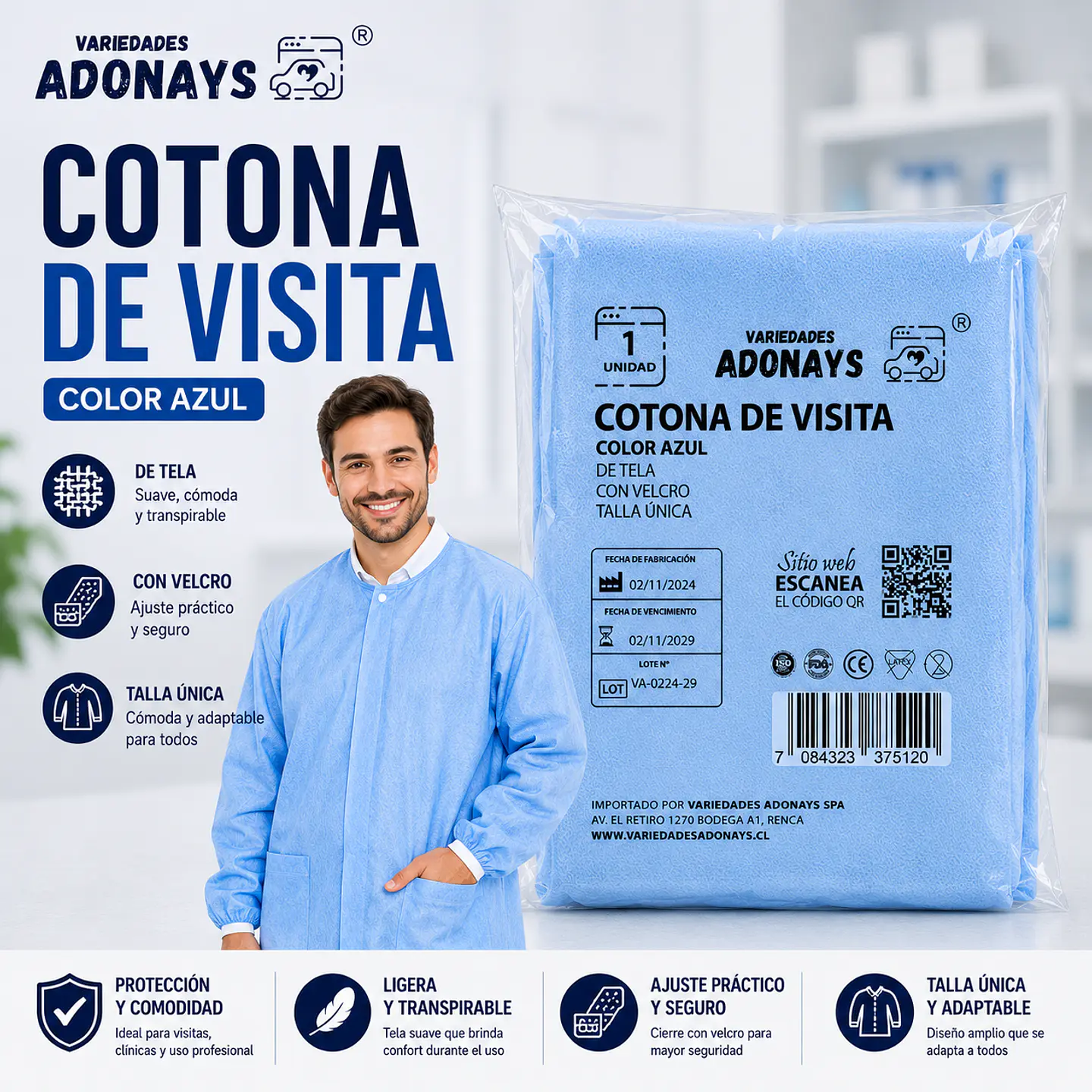 Cotona de Visita Desechable Color Azul con Velcro – Embalaje 100 Unidades 1