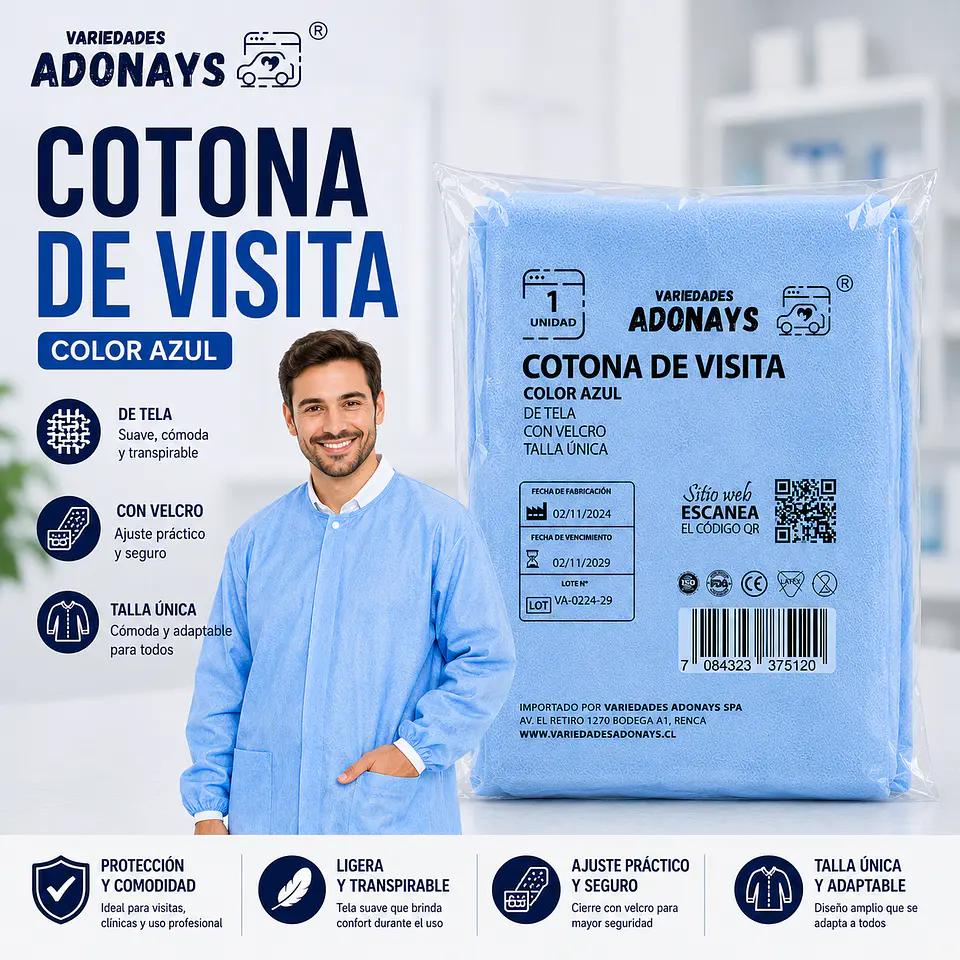Cotona de Visita Desechable Color Azul con Velcro – Embalaje 100 Unidades 1
