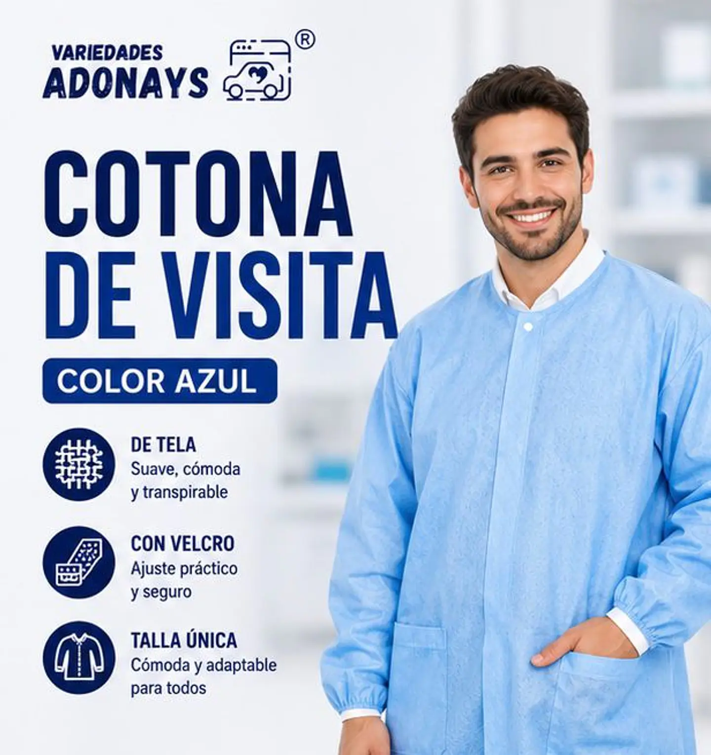 Cotona de Visita Desechable Color Azul con Velcro – Embalaje 100 Unidades 5