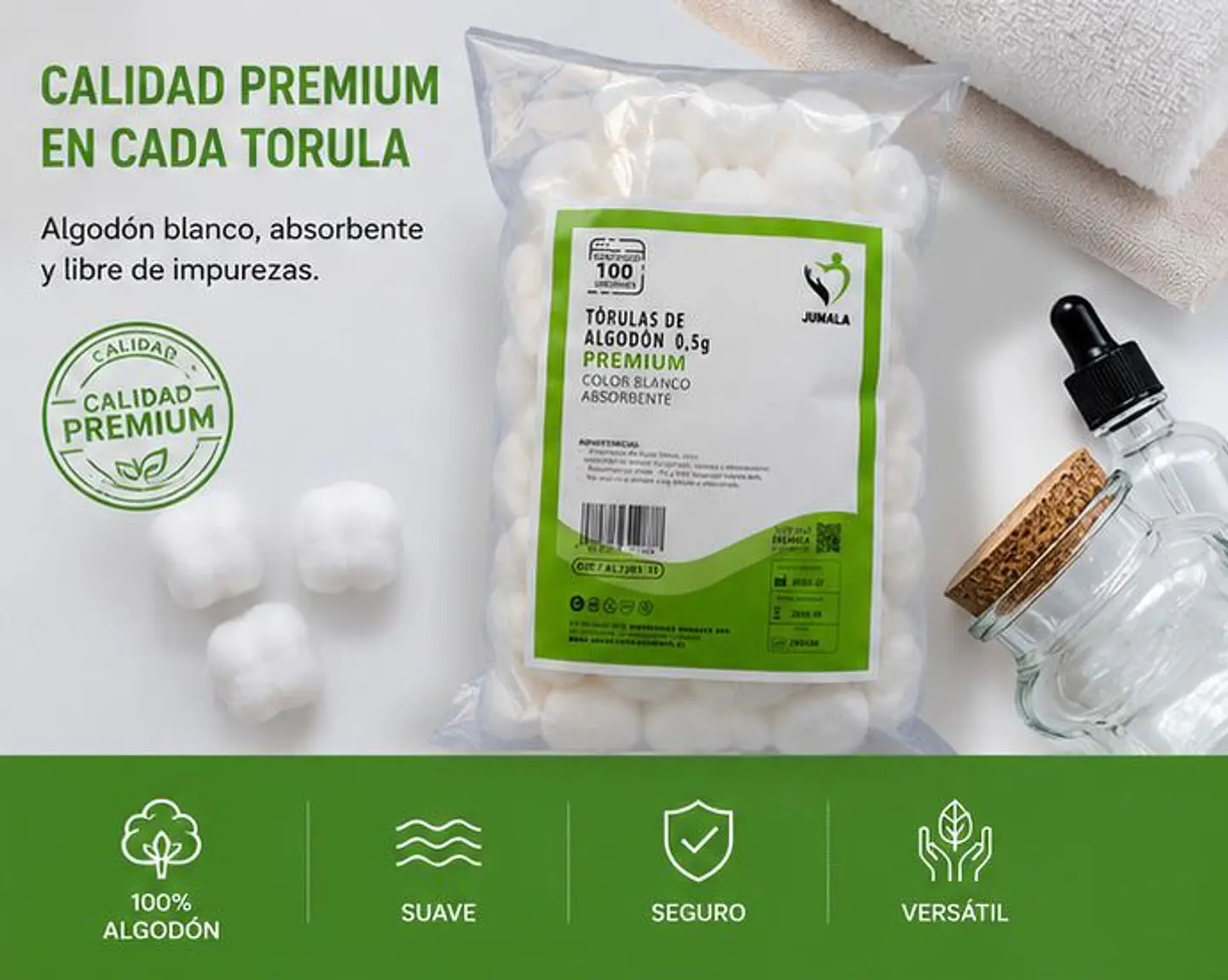 Tórulas de Algodón Premium 0,5 g Jumala – Embalaje 20.000 Unidades (200 Paquetes x 100 Unidades) 4