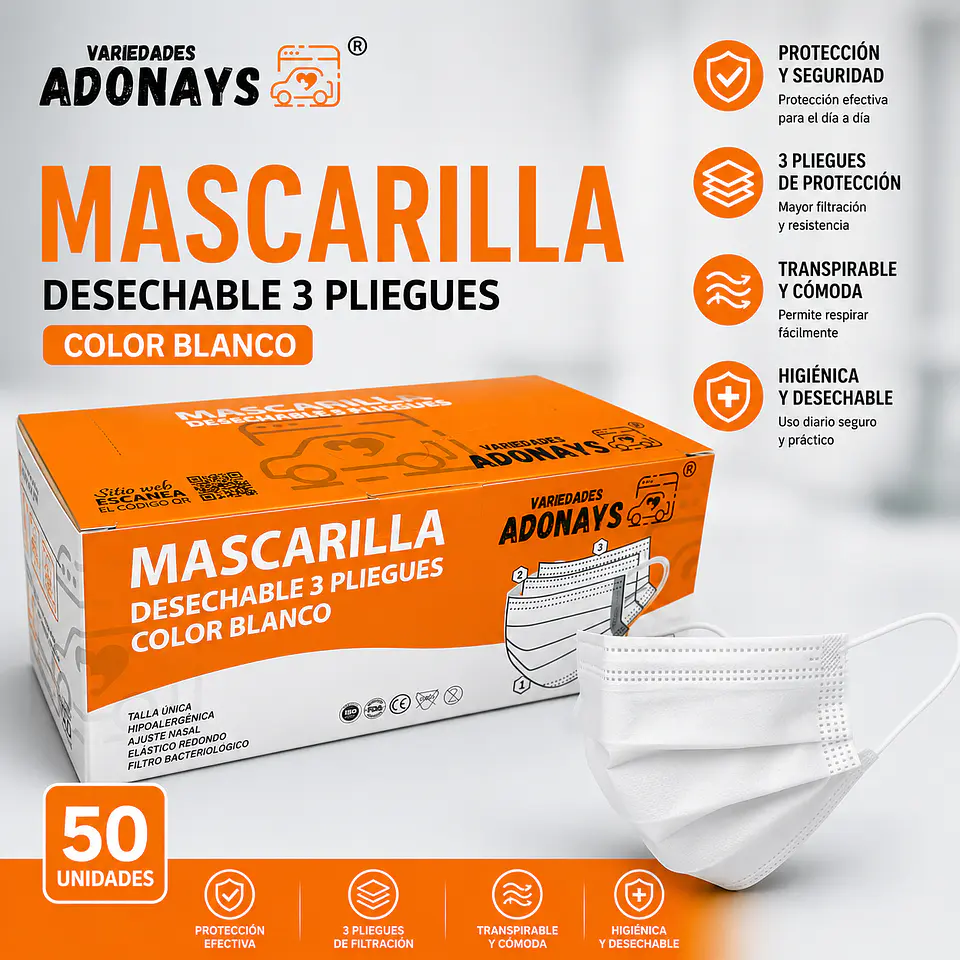Mascarilla Desechable 3 Pliegues Color Blanco – Embalaje 2.000 Unidades (40 Cajas x 50 Unidades) 1