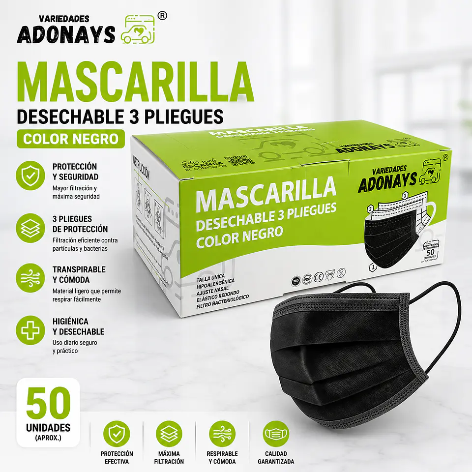 Mascarilla Desechable 3 Pliegues Color Negro – Embalaje 2.000 Unidades (40 Cajas x 50 Unidades) 1
