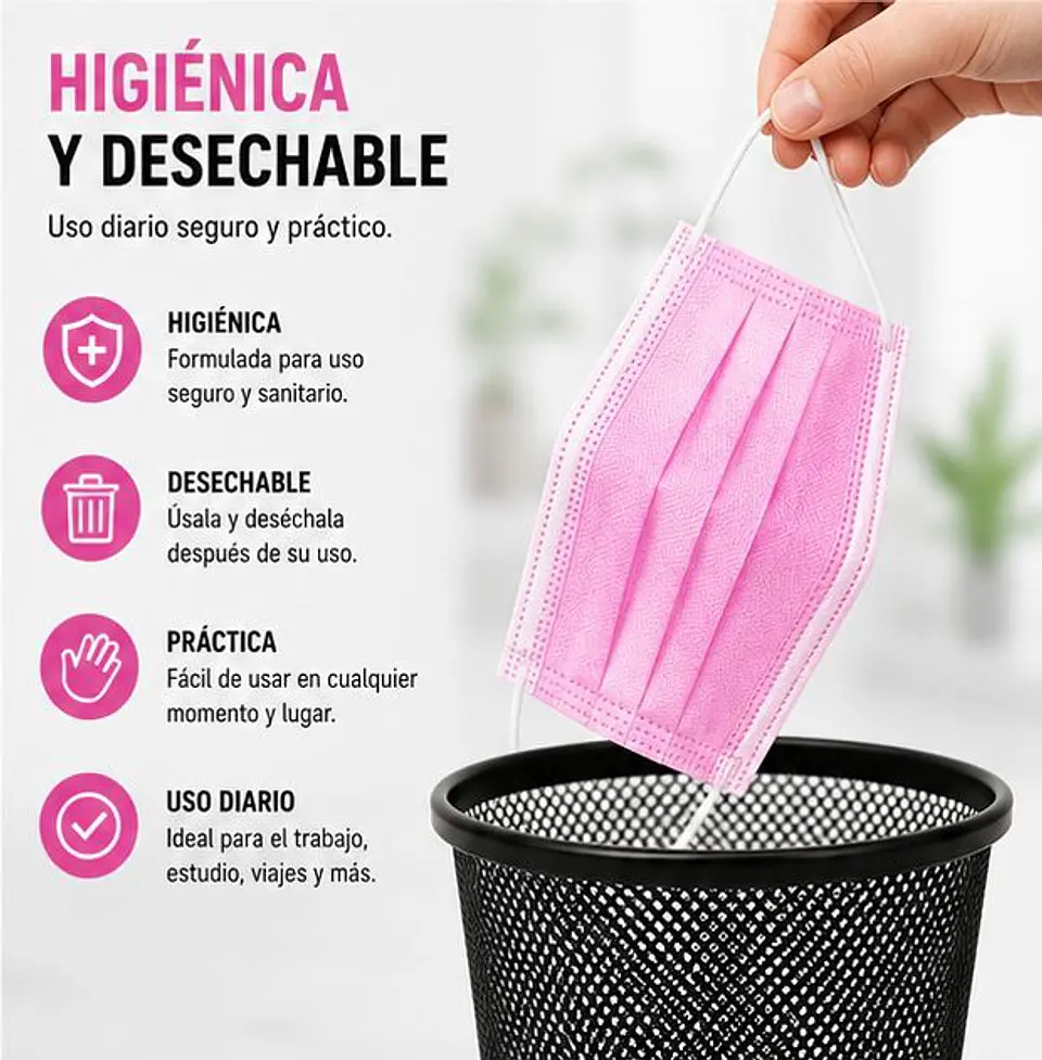 Mascarilla Desechable 3 Pliegues Color Rosado – Embalaje 2.000 Unidades (40 Cajas x 50 Unidades) 5