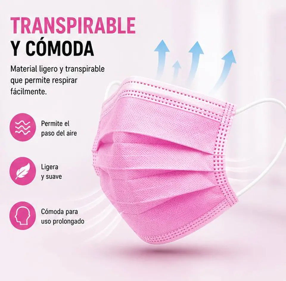 Mascarilla Desechable 3 Pliegues Color Rosado – Embalaje 2.000 Unidades (40 Cajas x 50 Unidades) 4