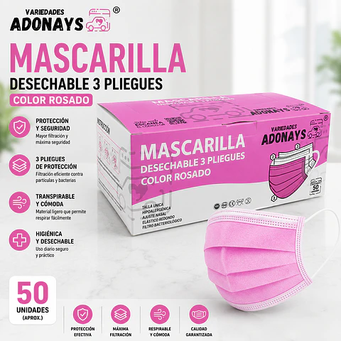 Mascarilla Desechable 3 Pliegues Color Rosado – Embalaje 2.000 Unidades (40 Cajas x 50 Unidades)