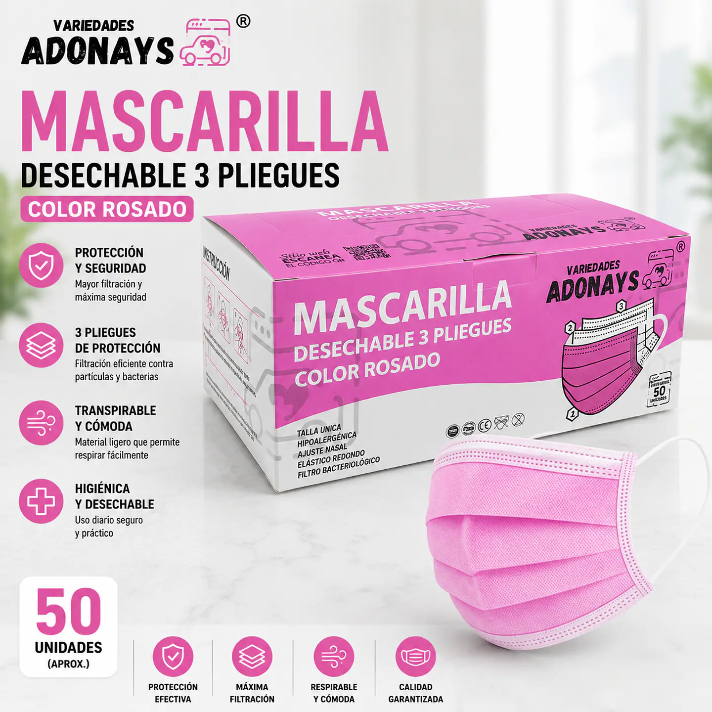 Mascarilla Desechable 3 Pliegues Color Rosado – Embalaje 2.000 Unidades (40 Cajas x 50 Unidades) 1