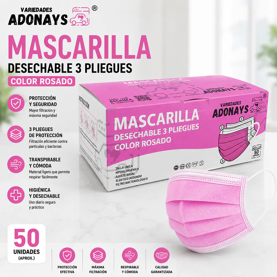 Mascarilla Desechable 3 Pliegues Color Rosado – Embalaje 2.000 Unidades (40 Cajas x 50 Unidades) 1