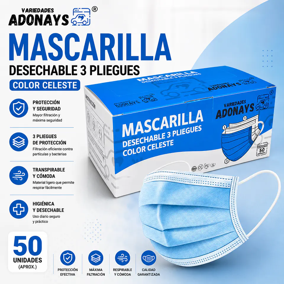 Mascarilla Desechable 3 Pliegues Color Azul – Embalaje 2.000 Unidades (40 Cajas x 50 Unidades) 1