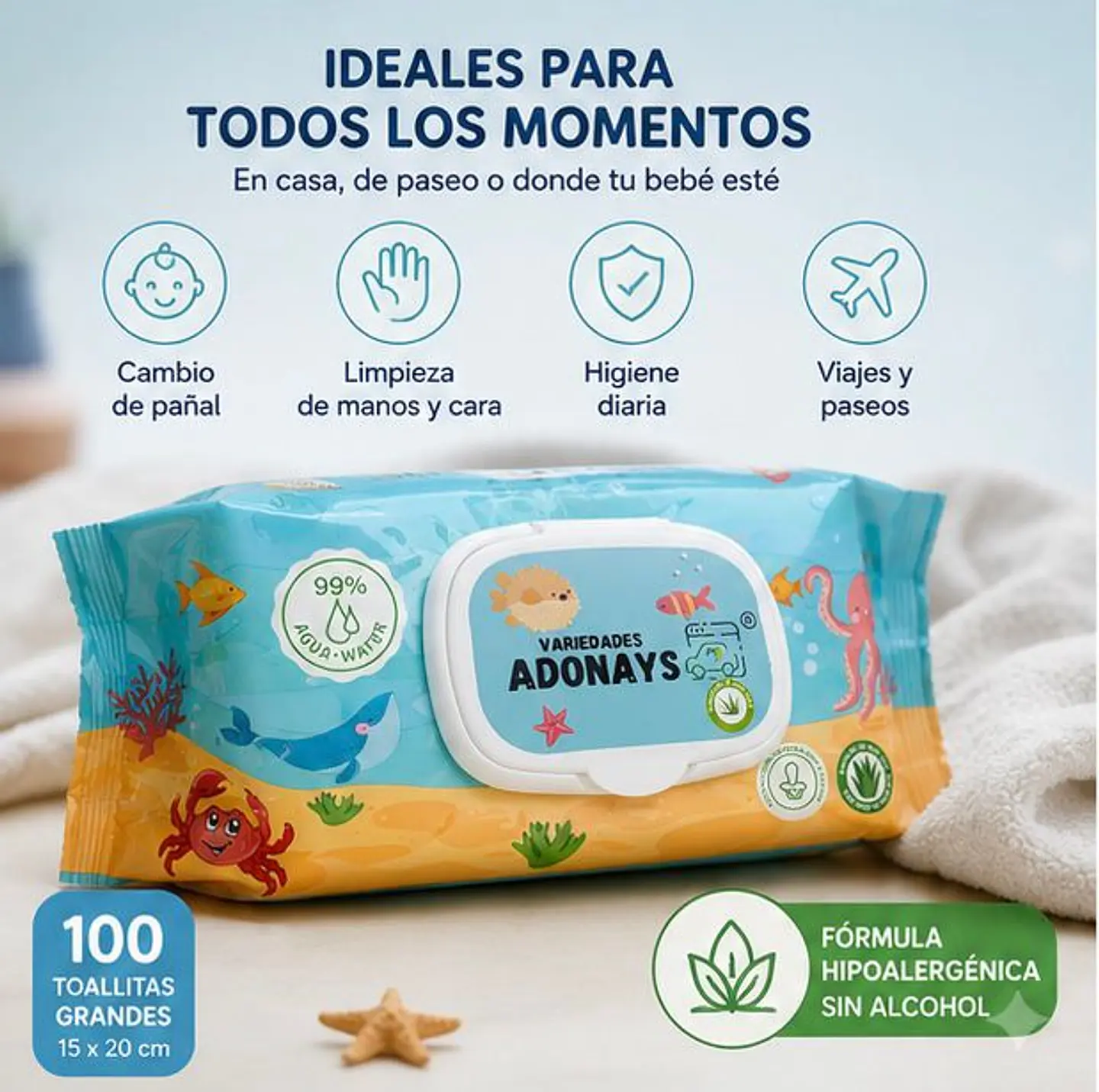 Toallitas Húmedas Con Fragancia Aloe Vera Variedades Adonays – Embalaje 2.400 Unidades (24 Paquetes x 100 Unidades) 3