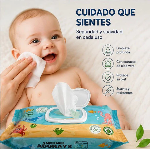 Toallitas Húmedas Con Fragancia Aloe Vera Variedades Adonays – Embalaje 2.400 Unidades (24 Paquetes x 100 Unidades)
