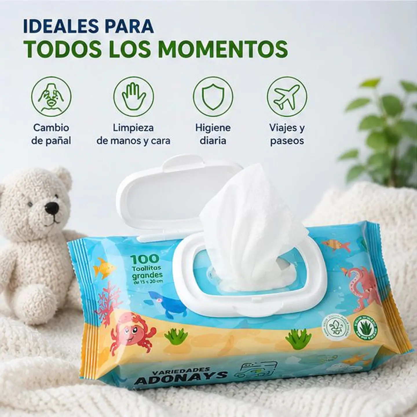 Toallitas Húmedas Sin Fragancia Variedades Adonays – Embalaje 2.400 Unidades (24 Paquetes x 100 Unidades) 3