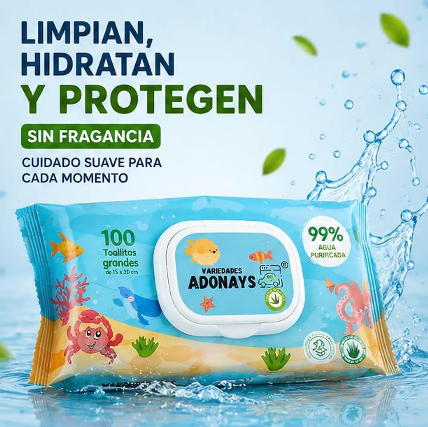 Toallitas Húmedas Sin Fragancia Variedades Adonays – Embalaje 2.400 Unidades (24 Paquetes x 100 Unidades) 1