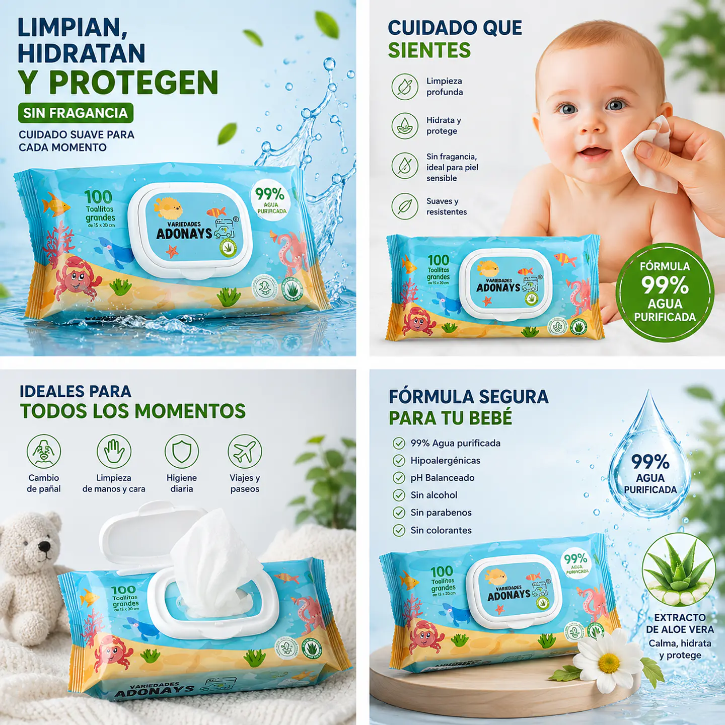 Toallitas Húmedas Sin Fragancia Variedades Adonays – Embalaje 2.400 Unidades (24 Paquetes x 100 Unidades) 5