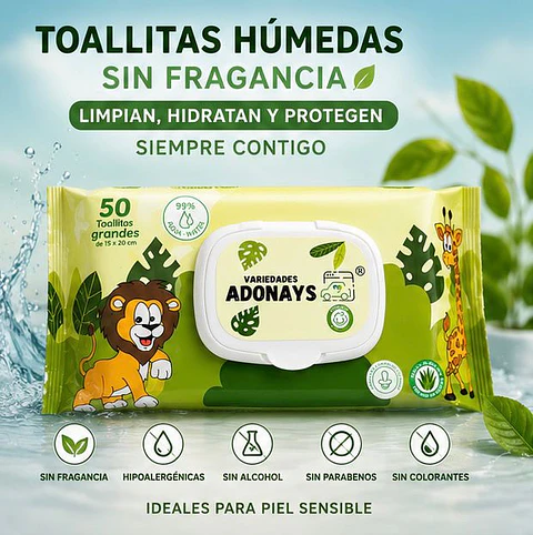 Toallitas Húmedas Sin Fragancia Variedades Adonays  – Embalaje 2.000 Unidades (40 Paquetes x 50 Unidades)