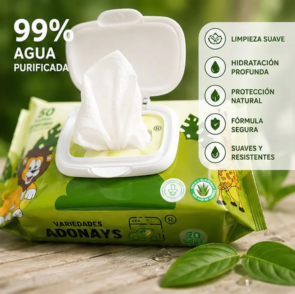 Toallitas Húmedas Sin Fragancia Variedades Adonays  – Embalaje 2.000 Unidades (40 Paquetes x 50 Unidades) 2