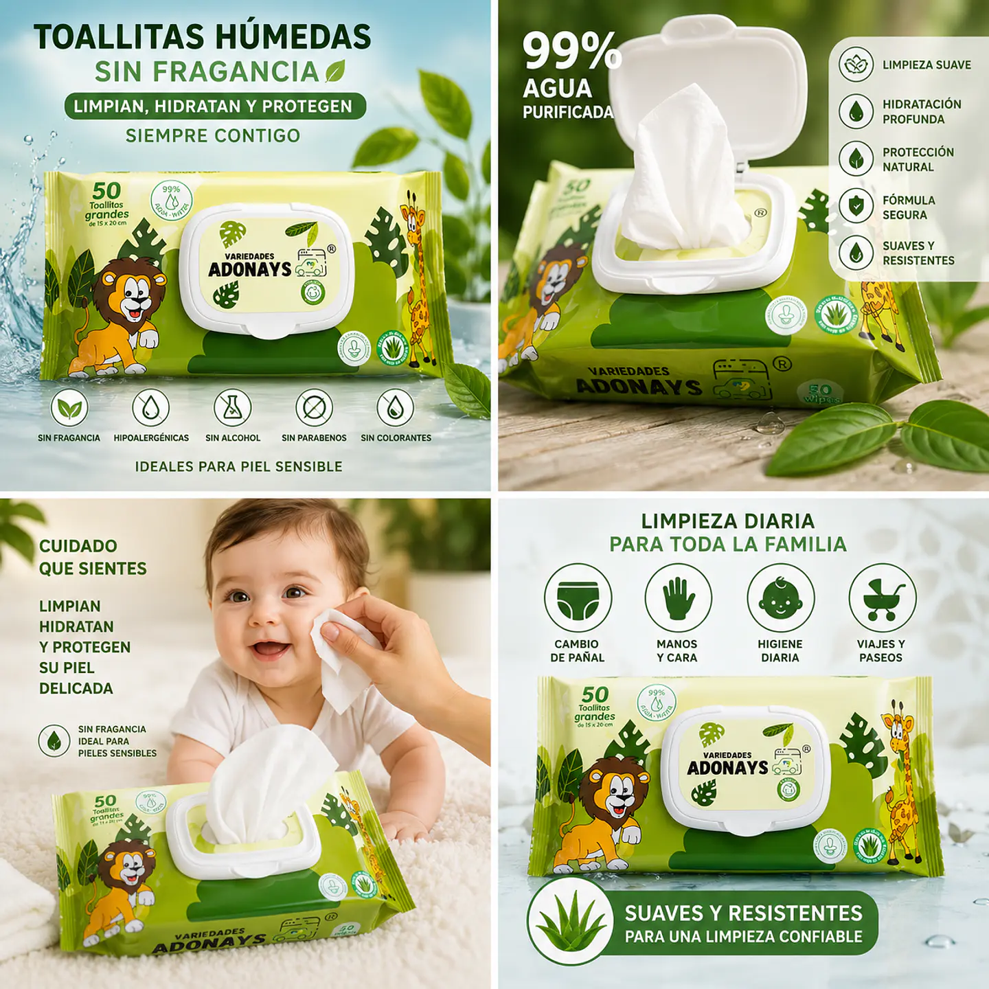 Toallitas Húmedas Sin Fragancia Variedades Adonays  – Embalaje 2.000 Unidades (40 Paquetes x 50 Unidades) 5