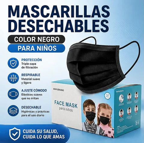 Mascarilla Desechable Para Niños 3 Pliegues Color Negro – Embalaje 2.000 Unidades (40 Cajas x 50 Unidades)