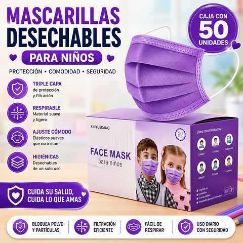 Mascarilla Desechable Para Niños 3 Pliegues Color Morado – Embalaje 2.000 Unidades (40 Cajas x 50 Unidades)