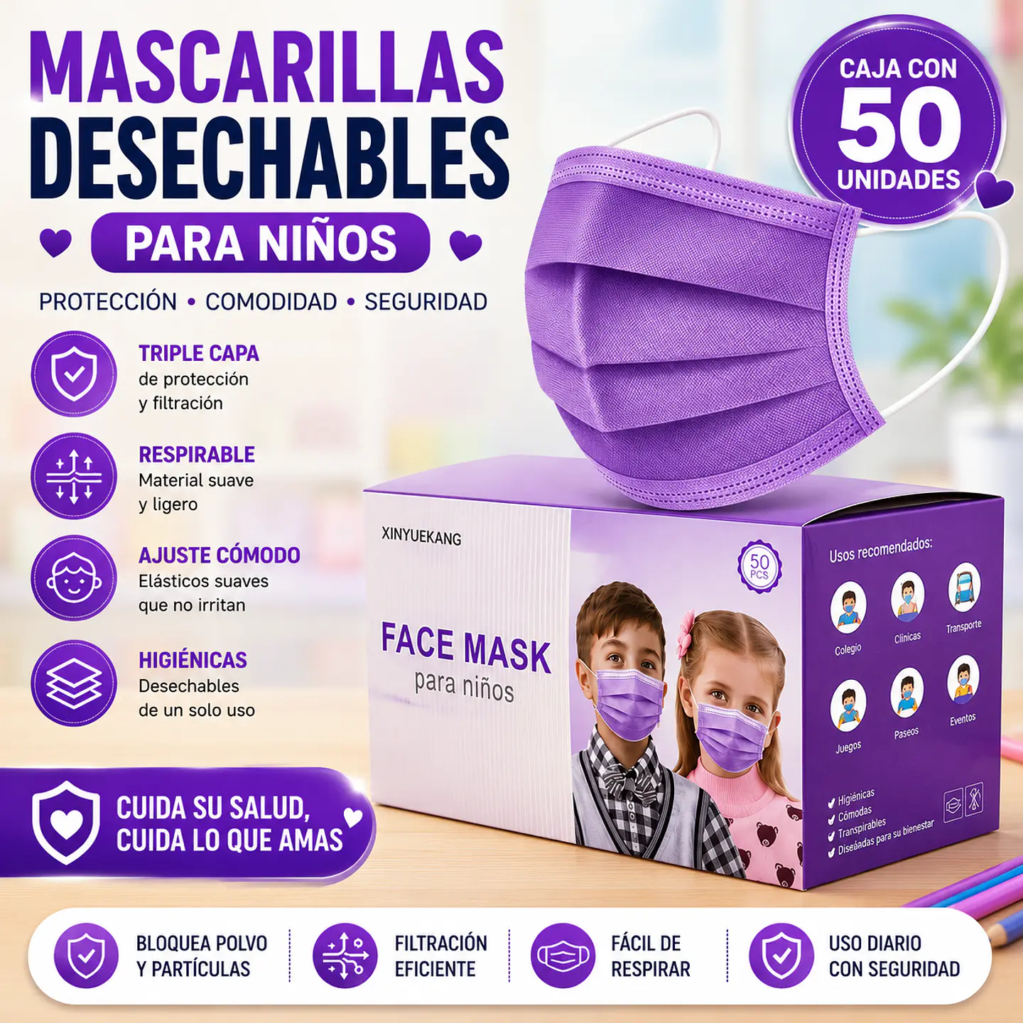 Mascarilla Desechable Para Niños 3 Pliegues Color Morado – Embalaje 2.000 Unidades (40 Cajas x 50 Unidades) 1