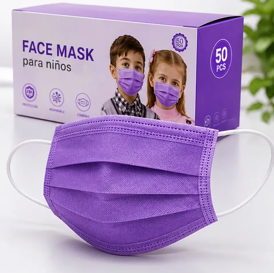 Mascarilla Desechable Para Niños 3 Pliegues Color Morado – Embalaje 2.000 Unidades (40 Cajas x 50 Unidades) 3