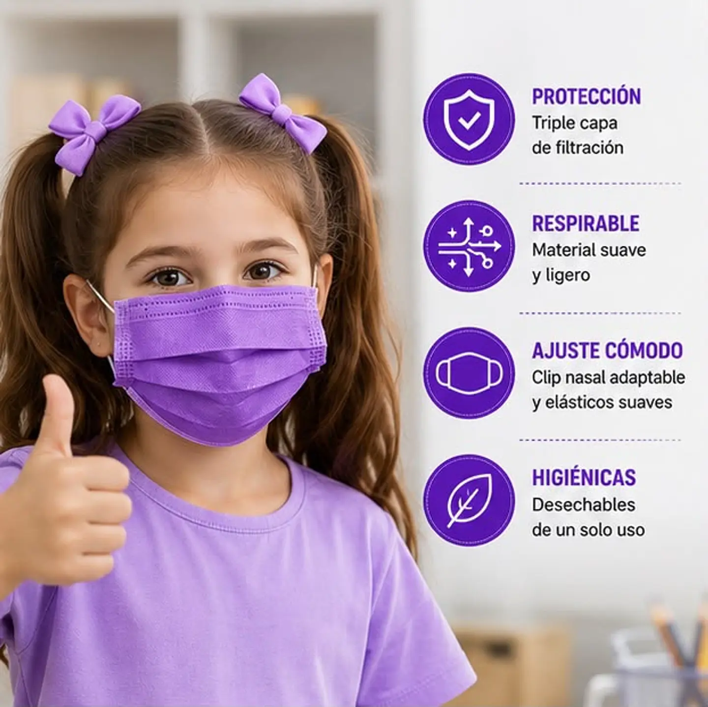Mascarilla Desechable Para Niños 3 Pliegues Color Morado – Embalaje 2.000 Unidades (40 Cajas x 50 Unidades) 2