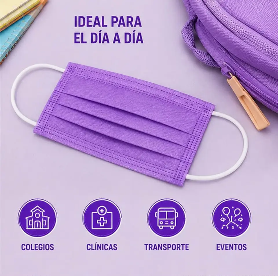 Mascarilla Desechable Para Niños 3 Pliegues Color Morado – Embalaje 2.000 Unidades (40 Cajas x 50 Unidades) 4
