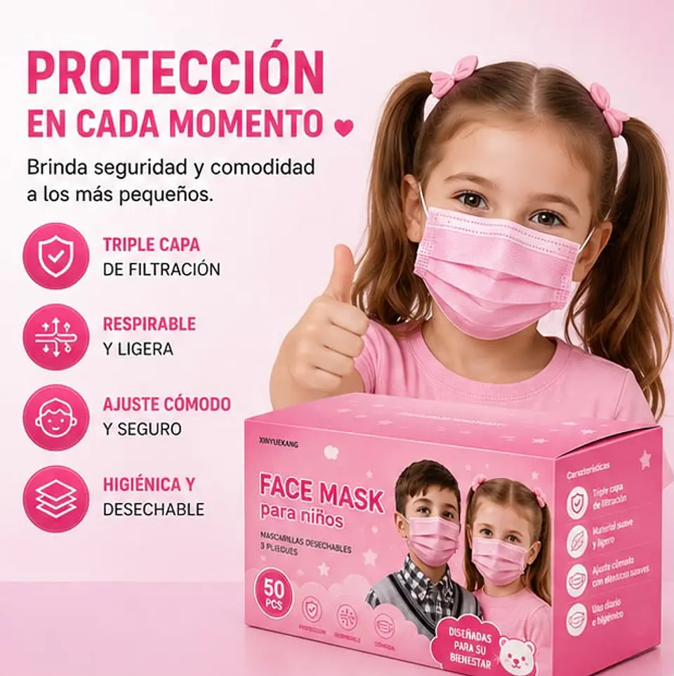 Mascarilla Desechable Para Niños 3 Pliegues Color Rosada – Embalaje 2.000 Unidades (40 Cajas x 50 Unidades) 2