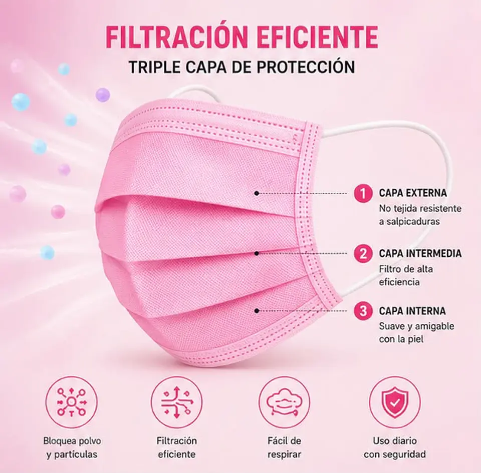 Mascarilla Desechable Para Niños 3 Pliegues Color Rosada – Embalaje 2.000 Unidades (40 Cajas x 50 Unidades) 3