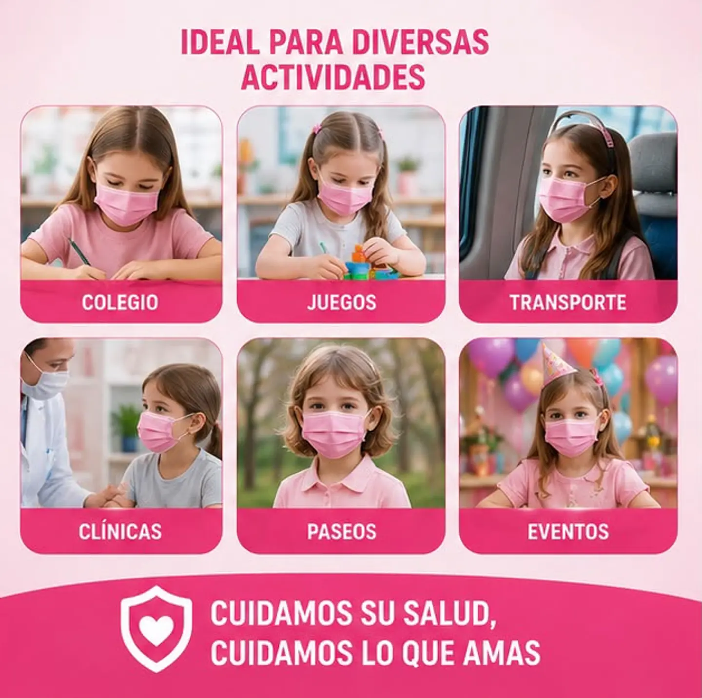 Mascarilla Desechable Para Niños 3 Pliegues Color Rosada – Embalaje 2.000 Unidades (40 Cajas x 50 Unidades) 4