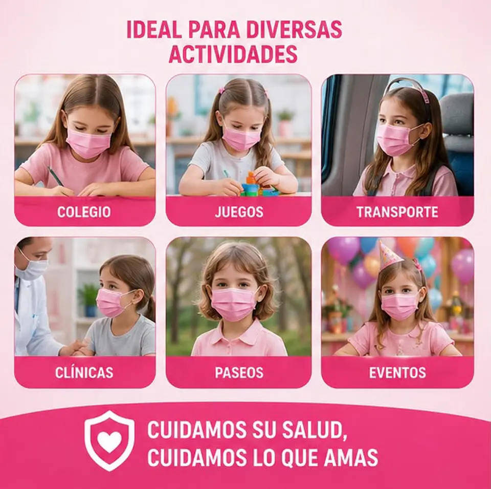 Mascarilla Desechable Para Niños 3 Pliegues Color Rosada – Embalaje 2.000 Unidades (40 Cajas x 50 Unidades) 4