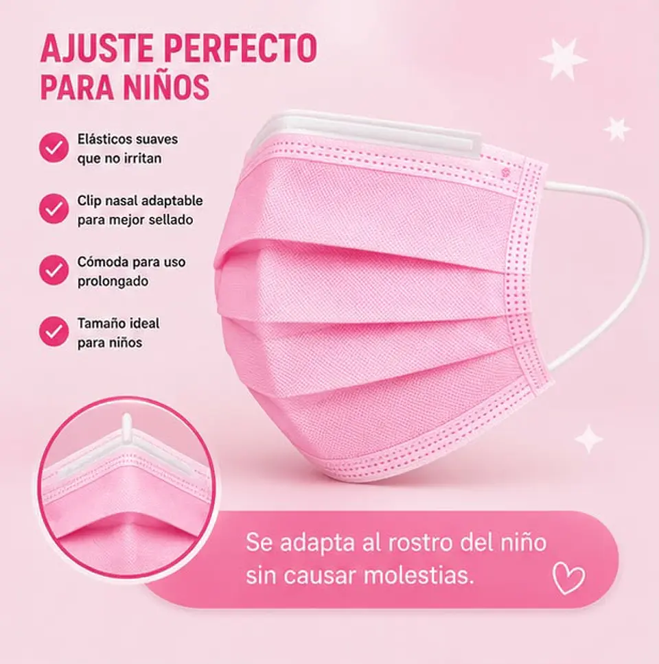 Mascarilla Desechable Para Niños 3 Pliegues Color Rosada – Embalaje 2.000 Unidades (40 Cajas x 50 Unidades) 5