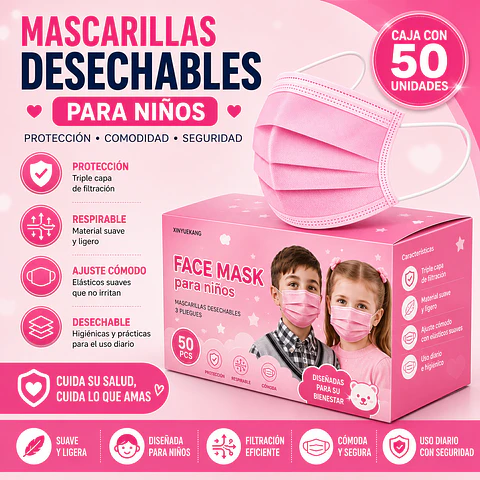 Mascarilla Desechable Para Niños 3 Pliegues Color Rosada – Embalaje 2.000 Unidades (40 Cajas x 50 Unidades)