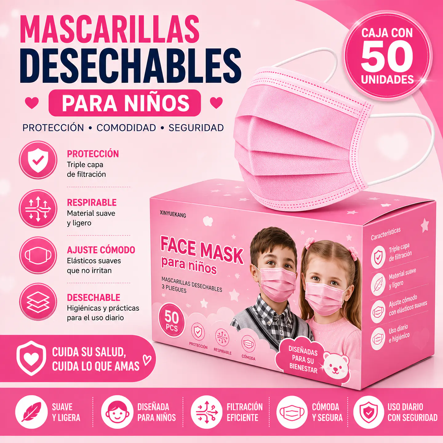 Mascarilla Desechable Para Niños 3 Pliegues Color Rosada – Embalaje 2.000 Unidades (40 Cajas x 50 Unidades) 1