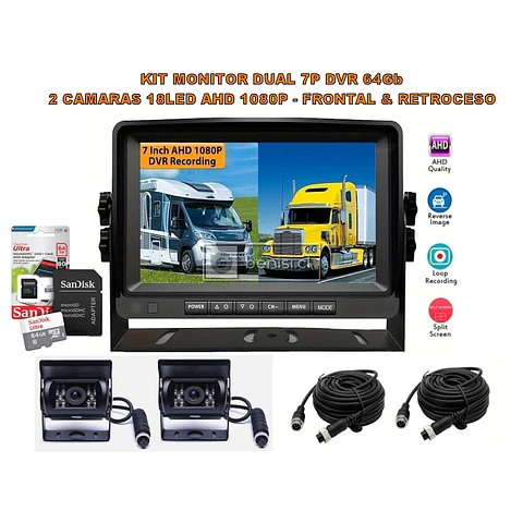 KIT MONITOR DUAL 7P DVR 64GB Y CAMARAS RETROCESO 18LED AHD 1080P