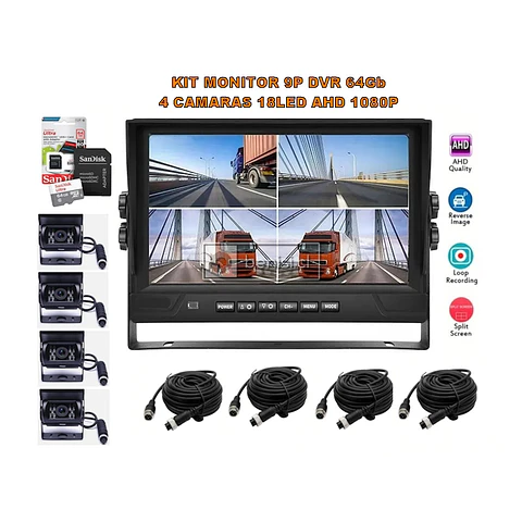 KIT MONITOR 9P DVR 64GB Y CAMARAS 18LED AHD 1080P