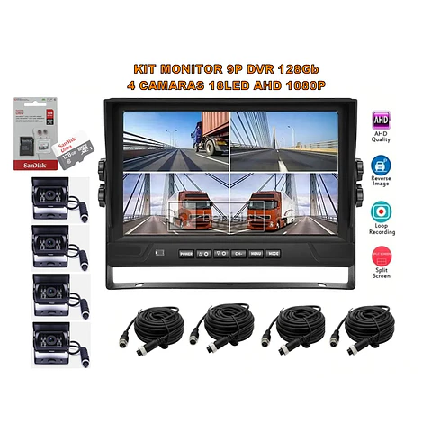 KIT MONITOR 9P DVR 128GB Y CAMARAS 18LED AHD 1080P