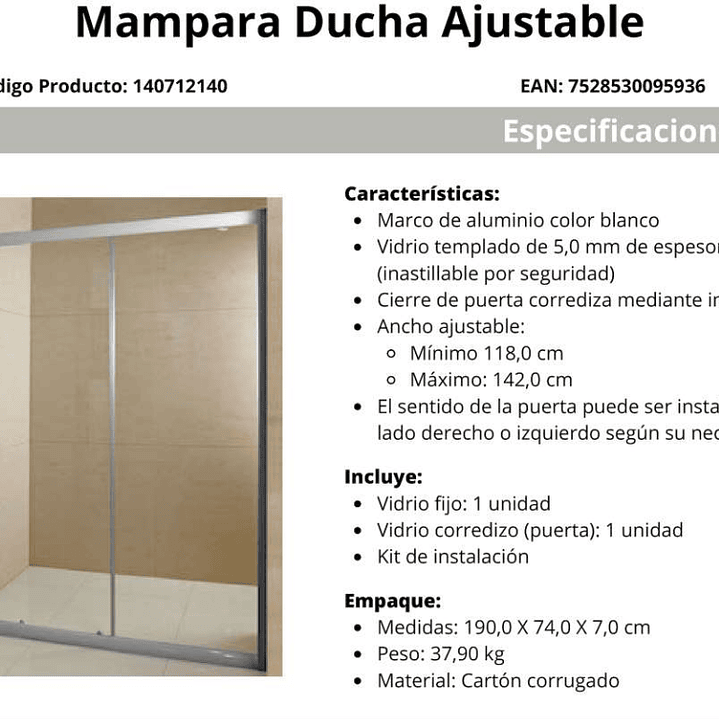 MAMPARA DUCHA RECTA 120-140 X 190  2