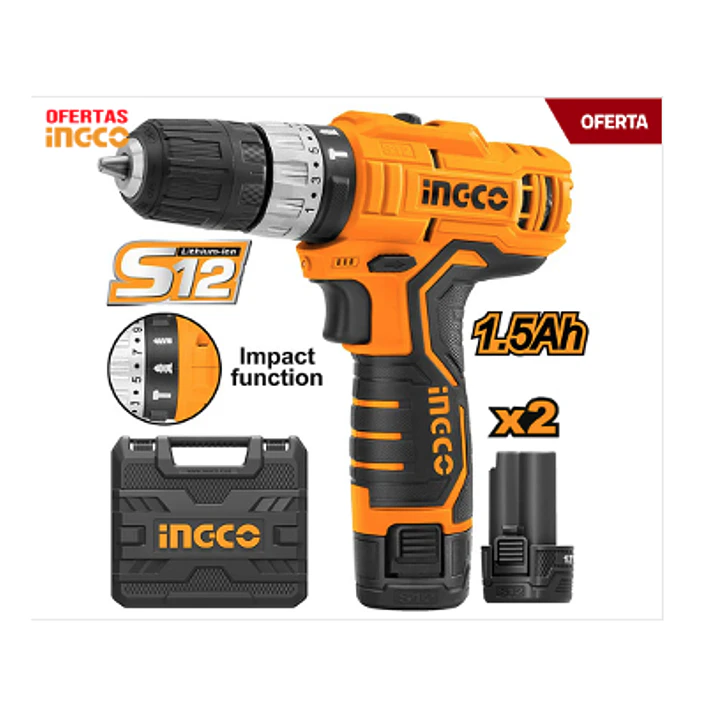 TALADRO INGCO INALAMBRICO 12V - 2 BAT. CARGADOR C/CAJA 1