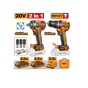 TALADRO IMPACTO INALAMB.20V+ LLAVE IMPACTO INALAMB. INGCO 20V 