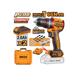TALADRO ATORN. PERCUTOR INGCO INALAM. 20V - C/2 BAT.2.0AH Y 1 CARGADOR