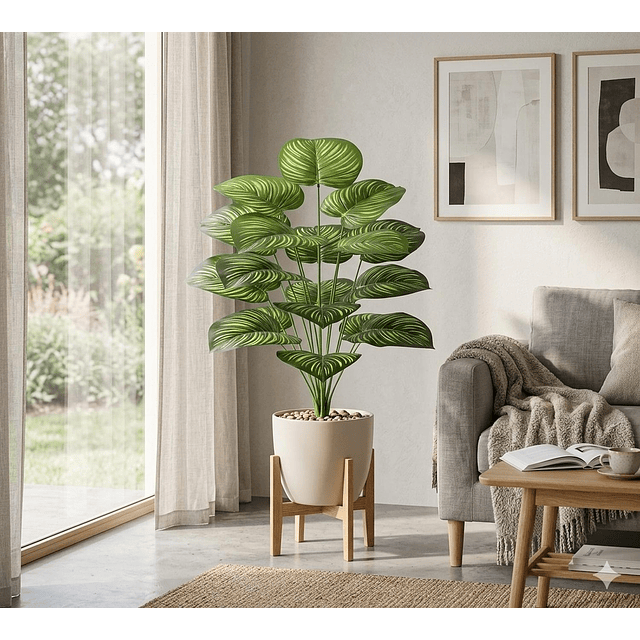 Planta Artificial Arbusto Decorativa Hojas Ralladas 80 Cm 2