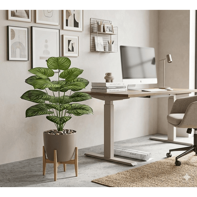 Planta Artificial Arbusto Decorativa Hojas Ralladas 80 Cm 3