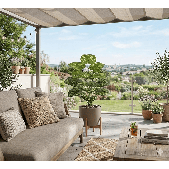 Planta Artificial Arbusto Decorativa Hojas Ralladas 80 Cm 4