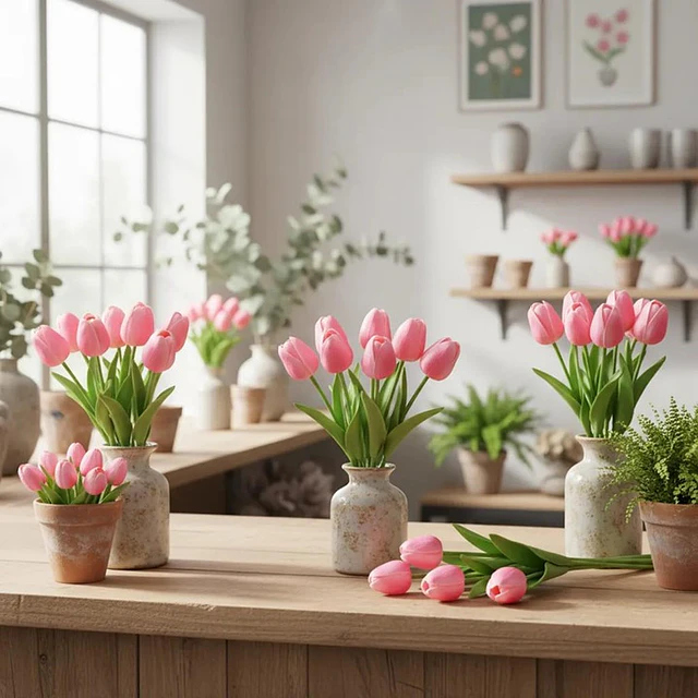 Ramos De 9 Tulipanes Flores Artificiales Decoración Hogar 13