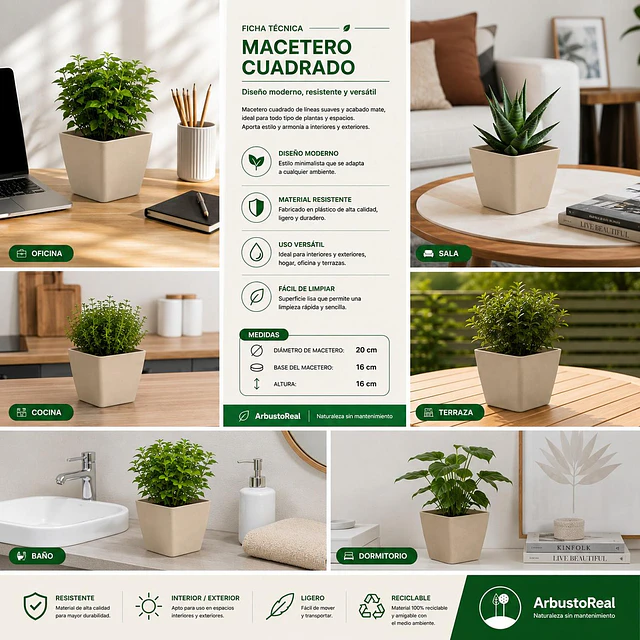 Jardinera Macetero Cuadrada Plastico 20cm Terraza Balcon 15